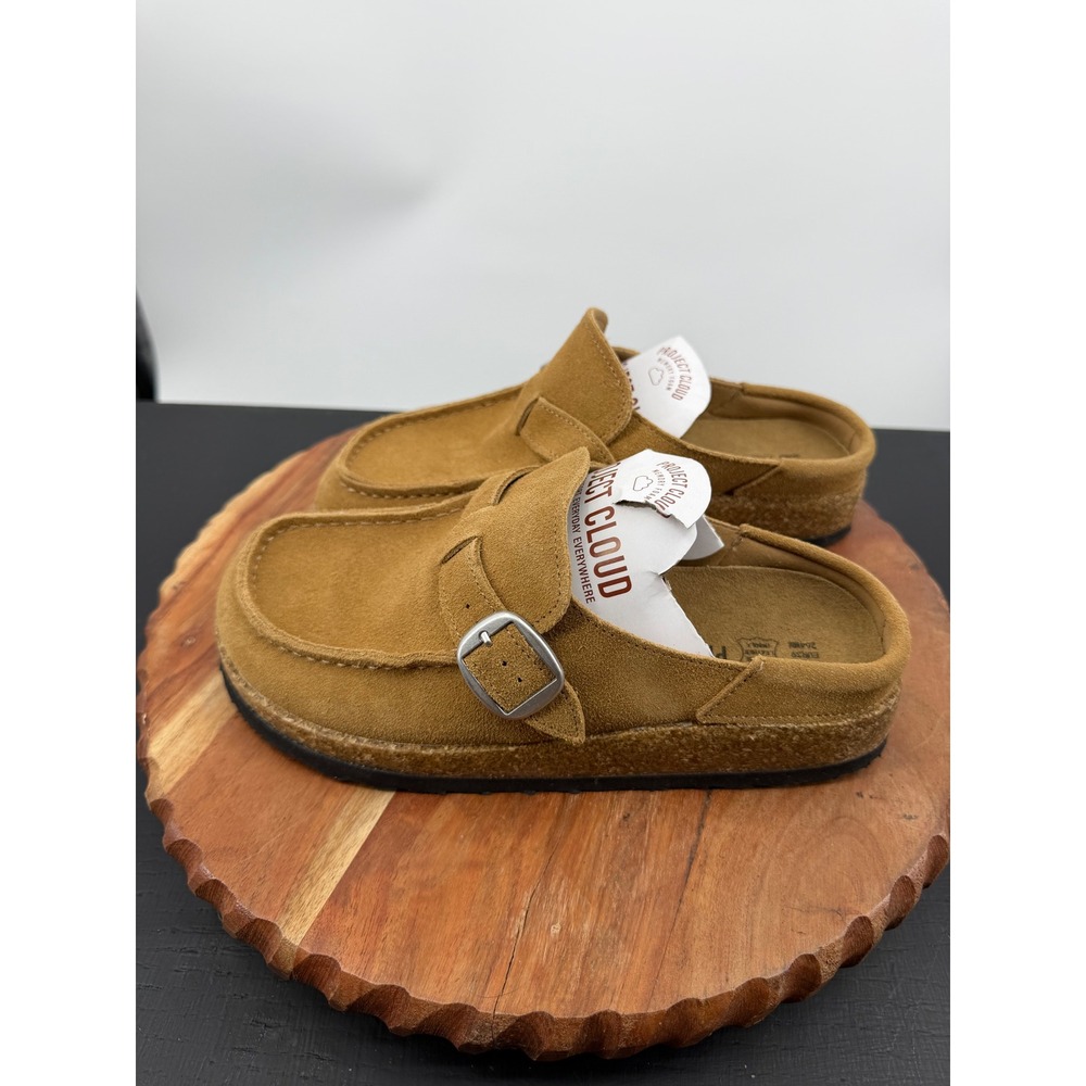 Project Cloud Suede Buckle Clog Mules Women 8 Tan Soft Footbed Moc Toe Slip On - Picture 3 of 6
